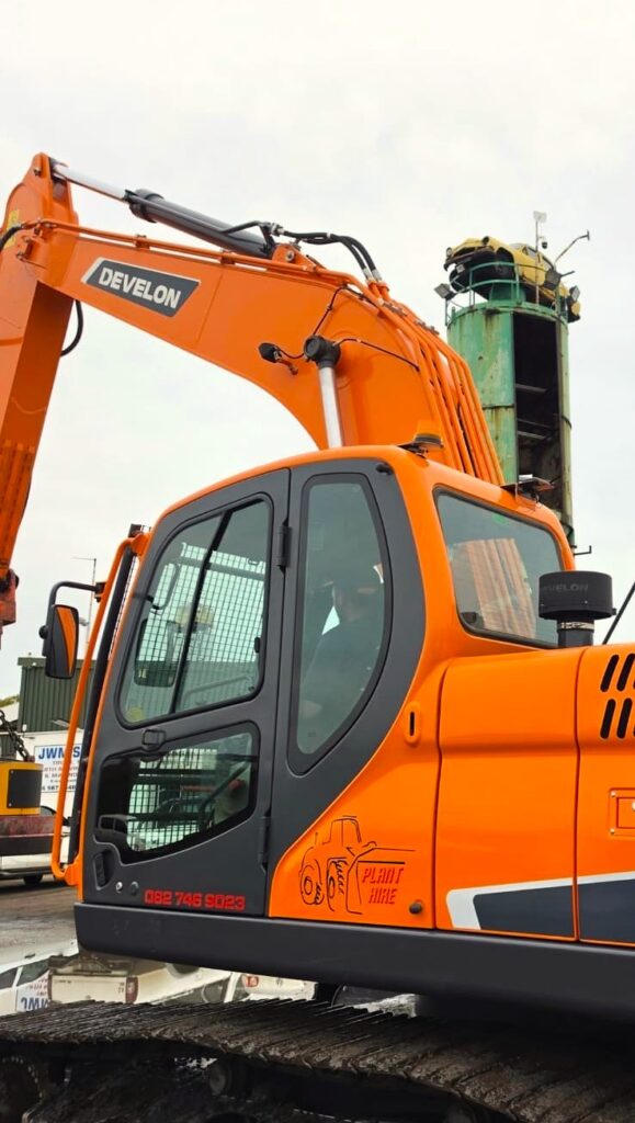 Plant Pro branded Develon excavator providing professional plant hire and earthmoving services for mining and civil construction projects in Gauteng.